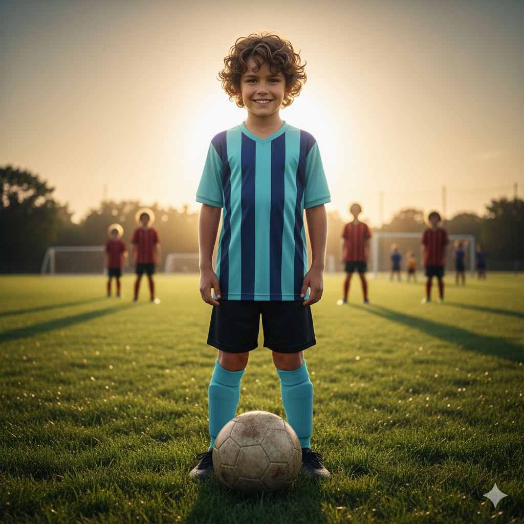 Joven futbolista (10-13 años) mostrando felicidad en un entrenamiento.