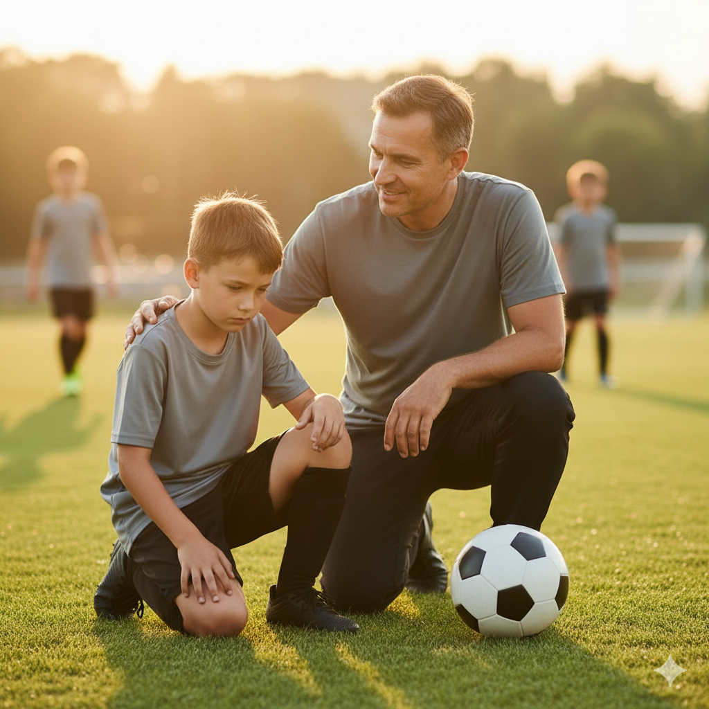 Padre consolando a su hijo (10-13 años) después de frustrarse o un partido perdido.