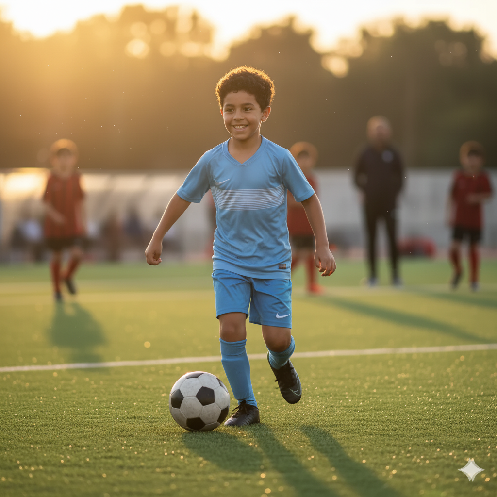 Niño futbolista (10-13 años) feliz y confiado con el balón